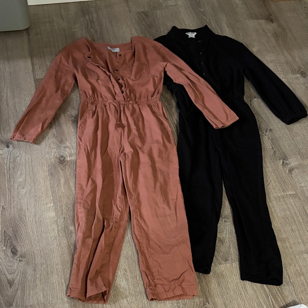 Old Navy Rust and Black Button-Front Long-Sleeve Jumpsuits